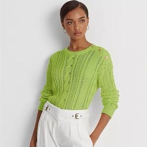 Ralph Lauren Women's Green Aran Knit Cable Knit Crewneck Cotton Pullover Sweater